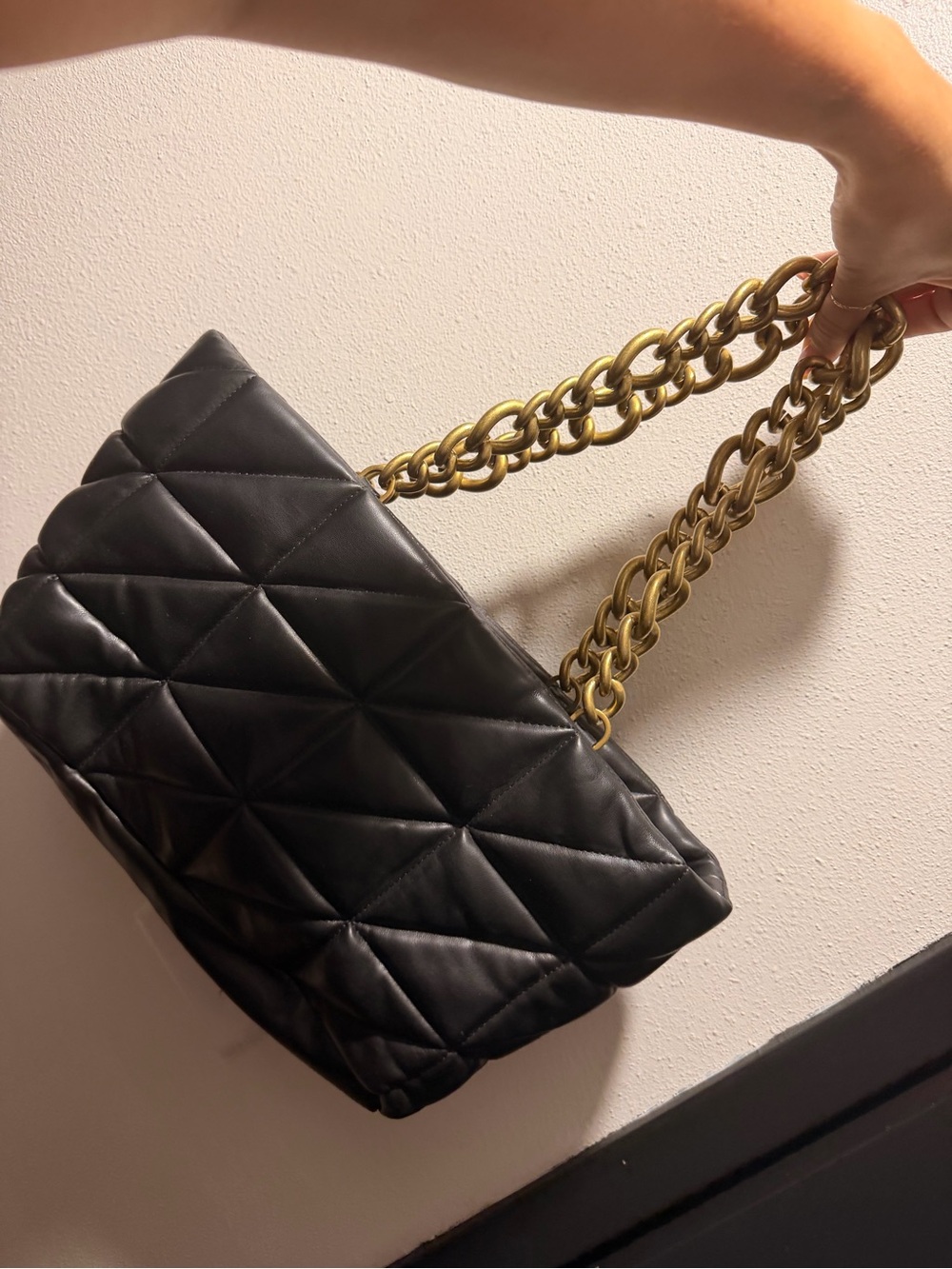 Zara Black Quilted Shoulder Bag with Gold Chain Straps